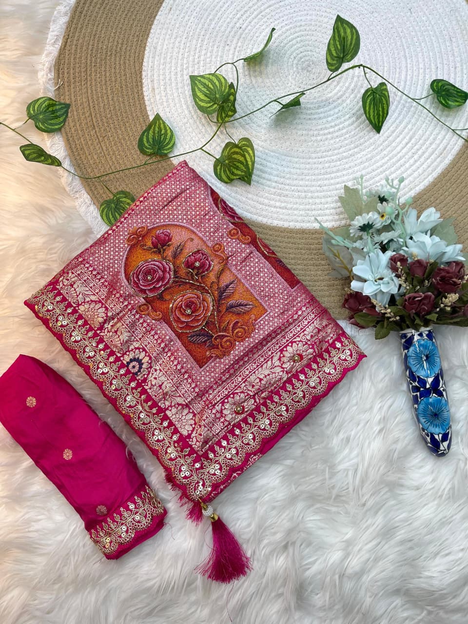 Embroidered pink fabric with floral design on a white surface with decorative elements.