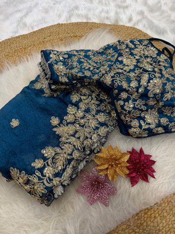 Sky Fendy satin fabric saree