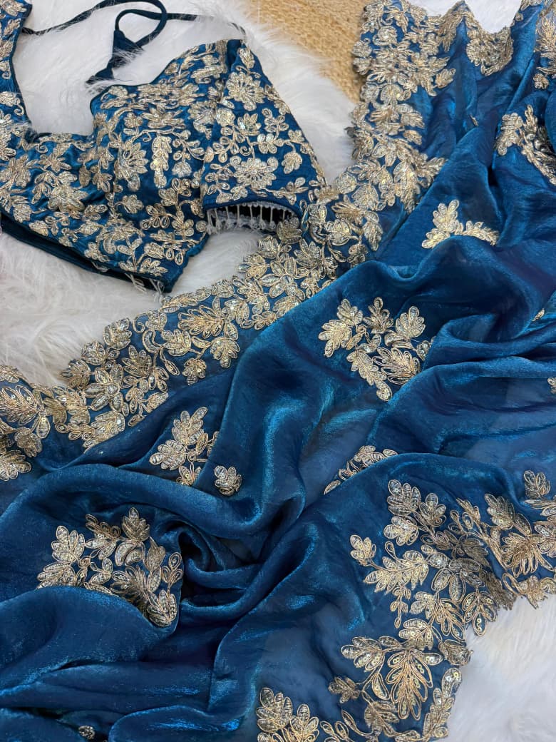 Sky Fendy satin fabric saree