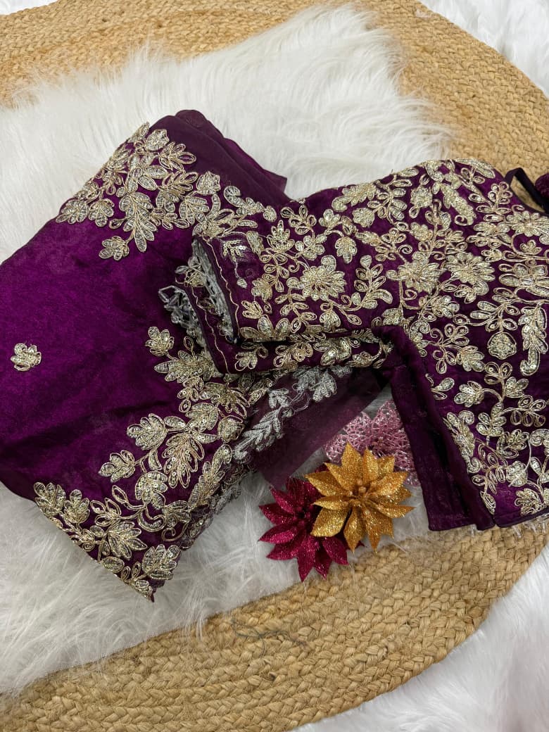 Wine Fendy satin fabric saree