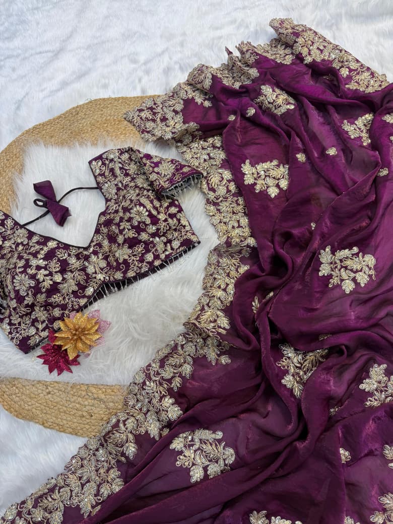 Wine Fendy satin fabric saree