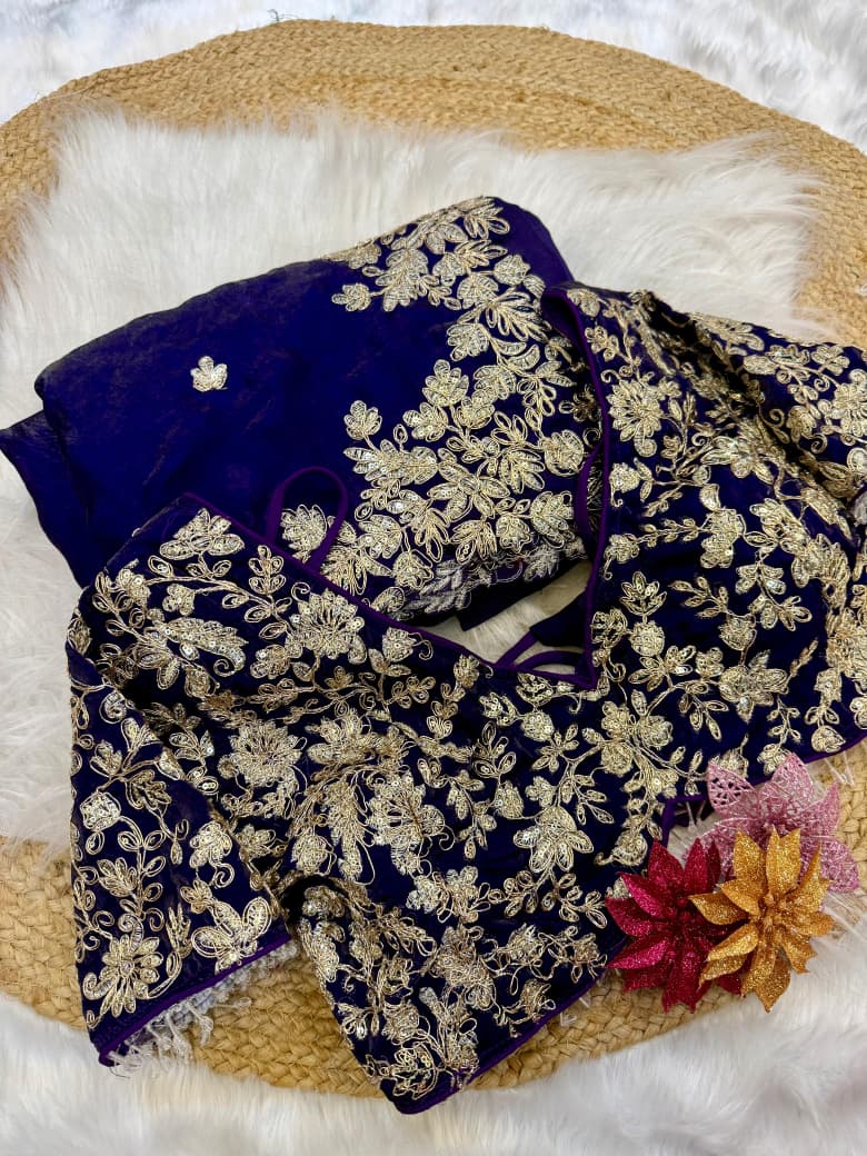 Blue Fendy satin fabric saree