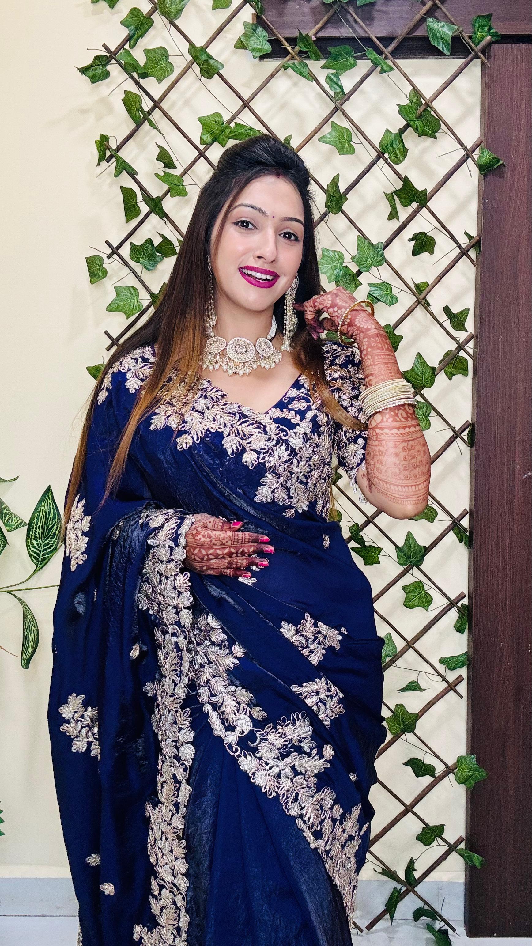 Aarju ji inspired Blue Fendy satin fabric saree