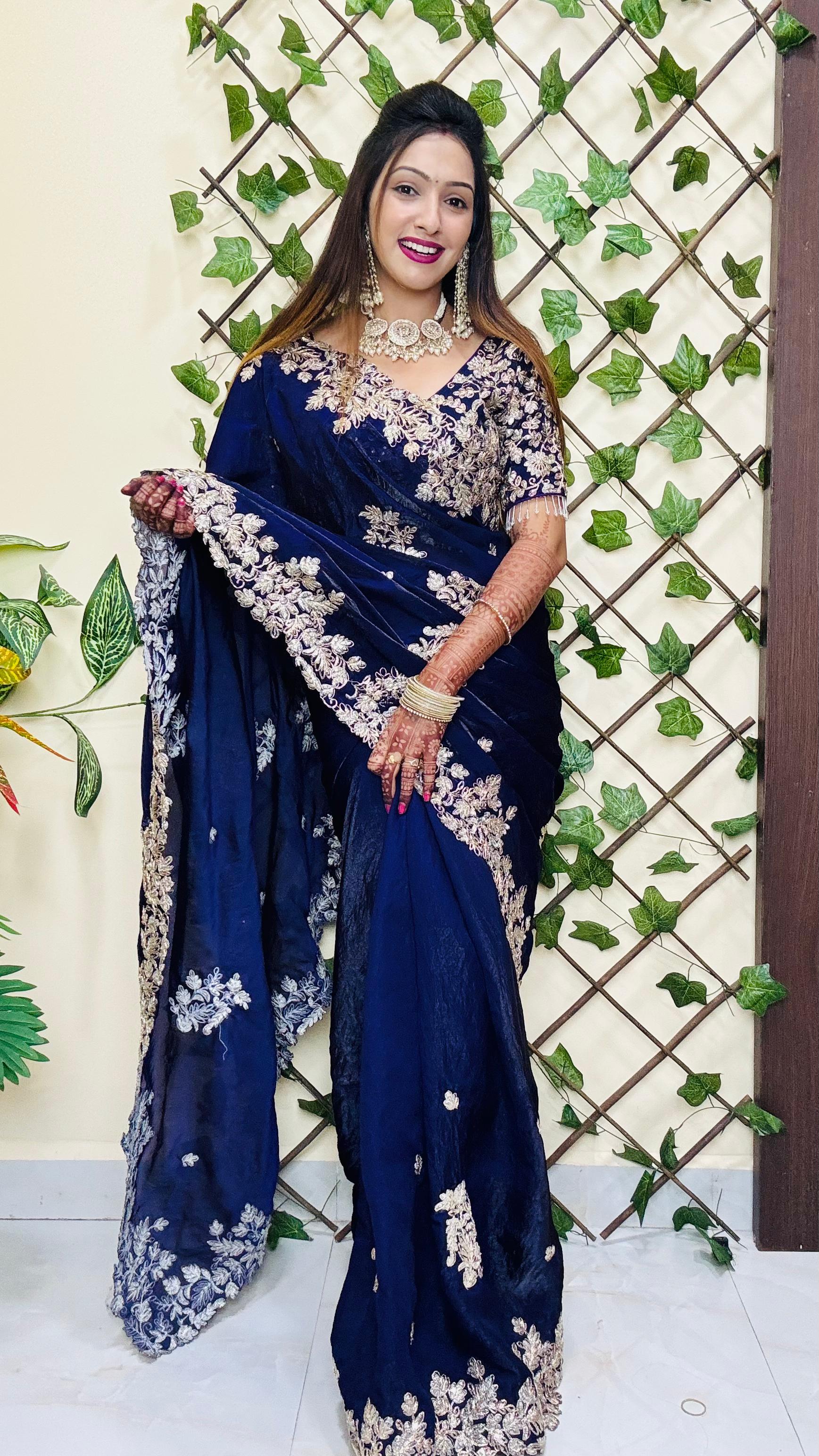 Aarju ji inspired Blue Fendy satin fabric saree
