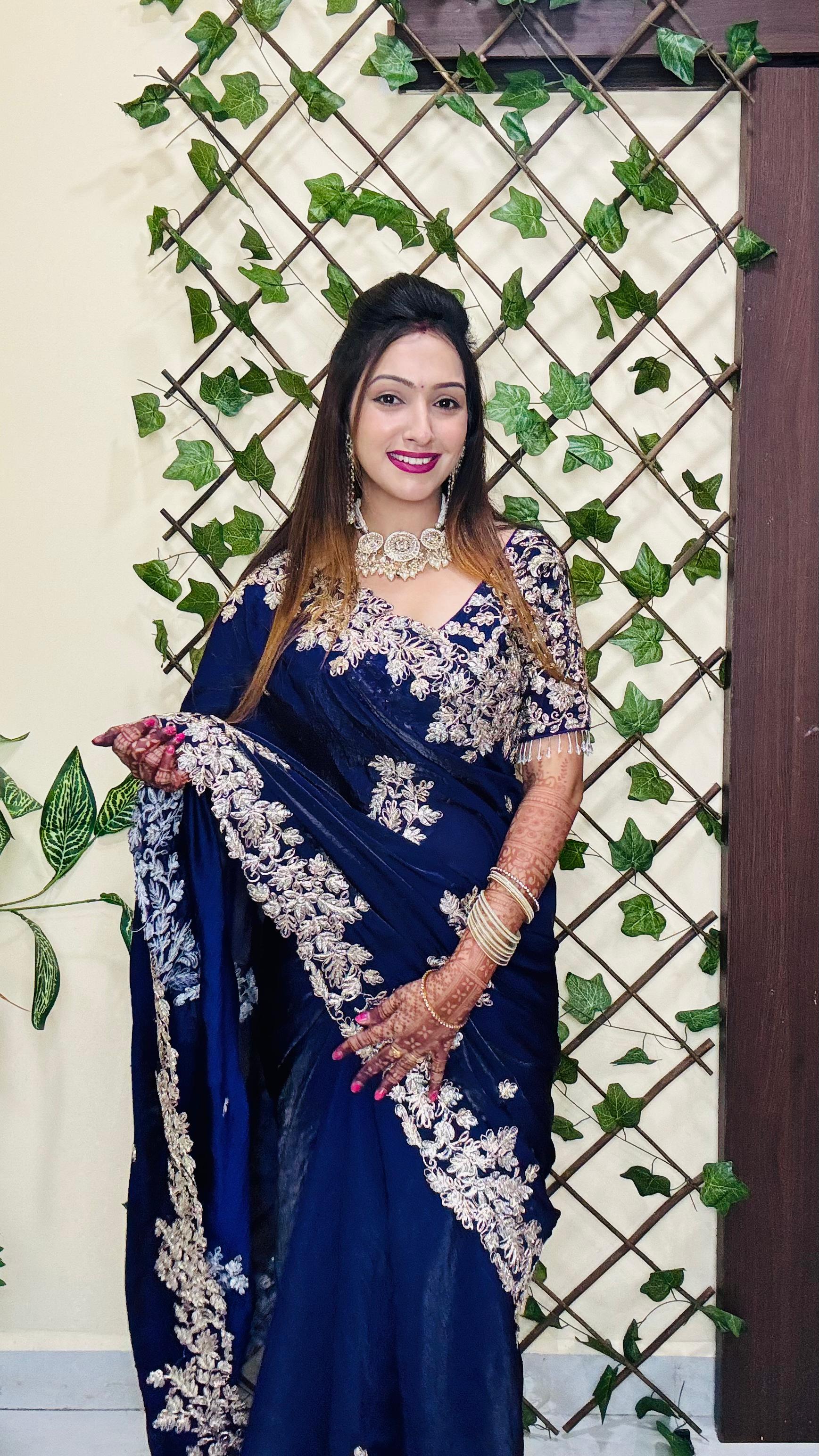 Aarju ji inspired Blue Fendy satin fabric saree