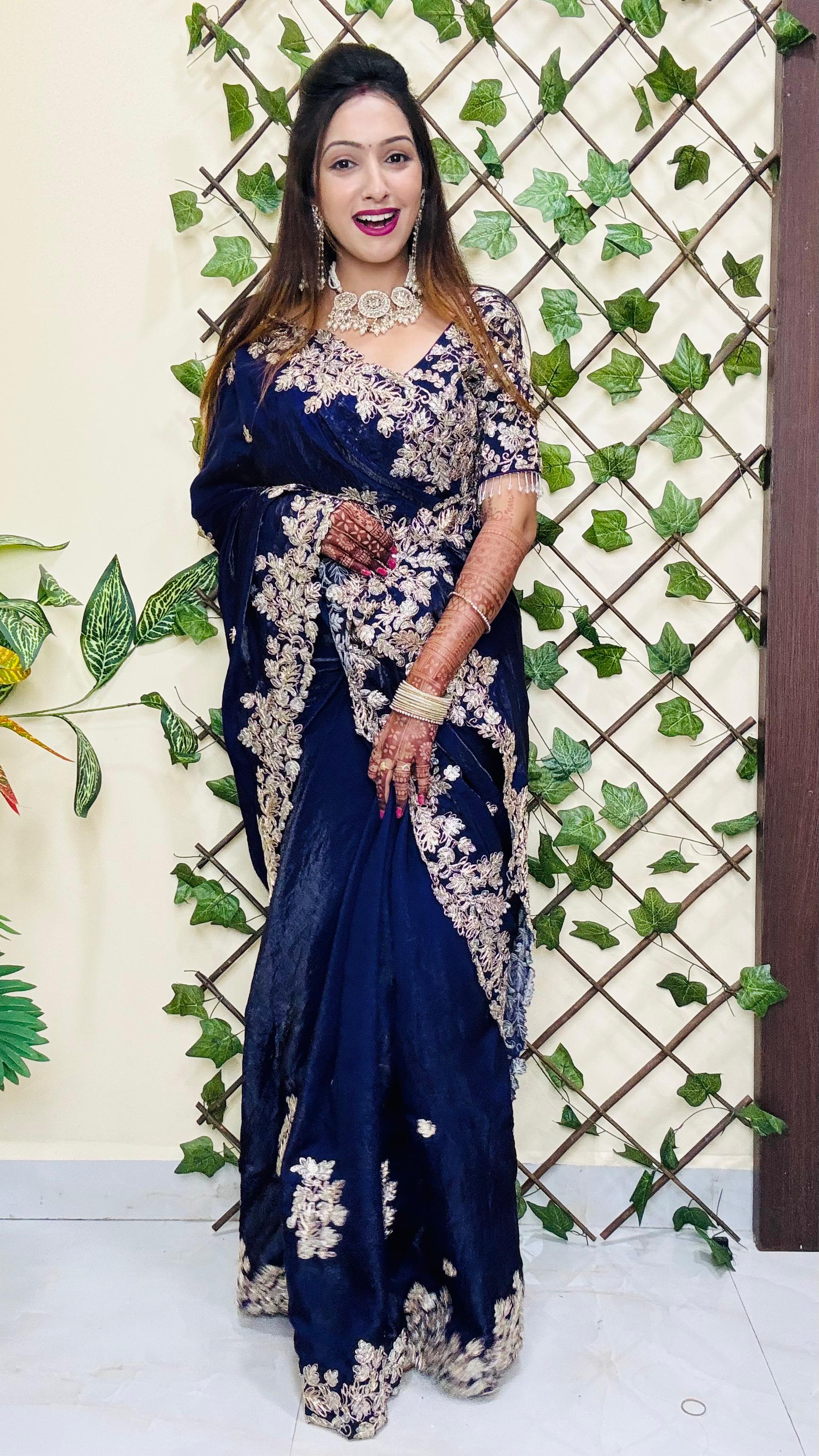Aarju ji inspired Blue Fendy satin fabric saree