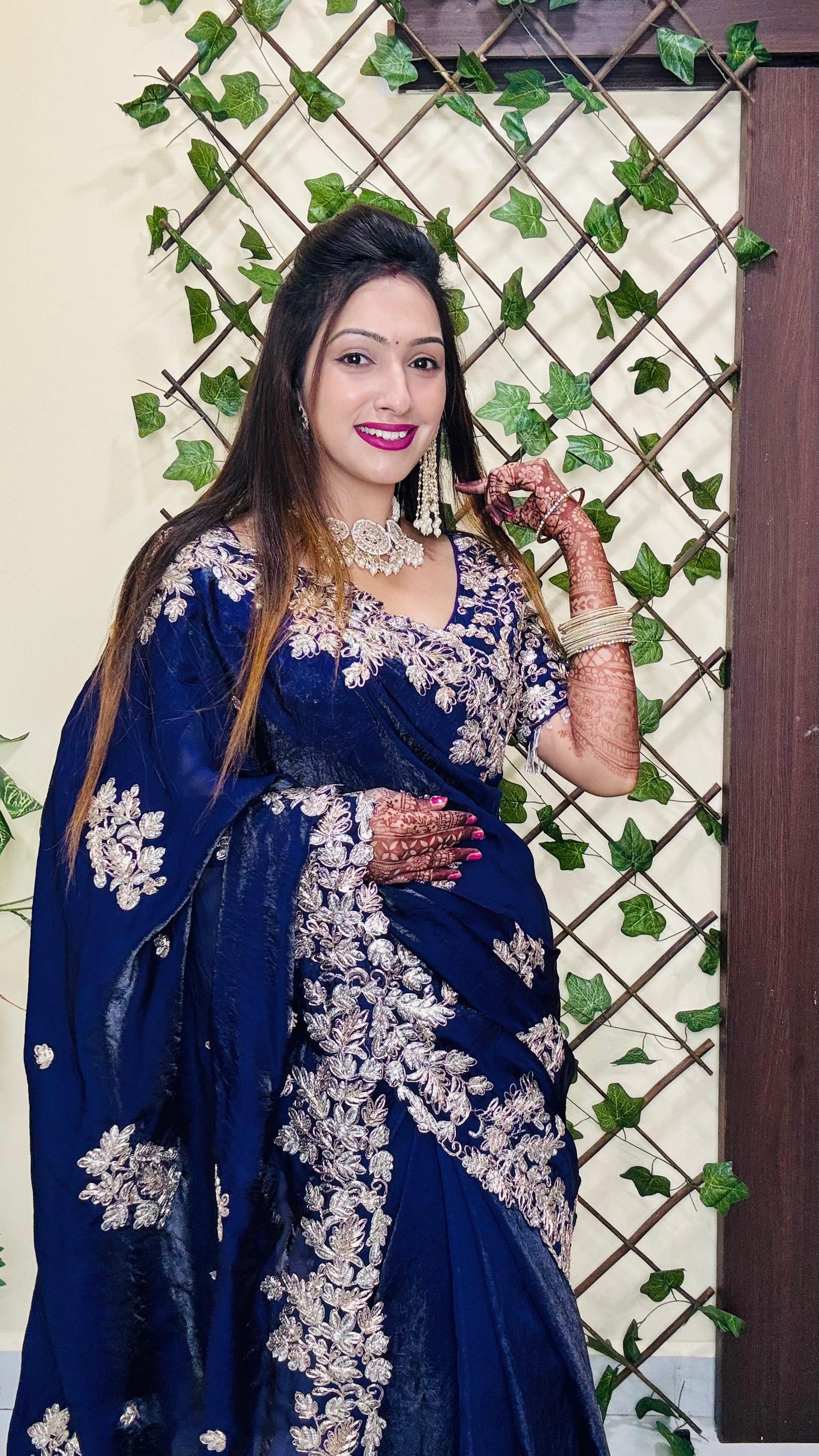 Aarju ji inspired Blue Fendy satin fabric saree